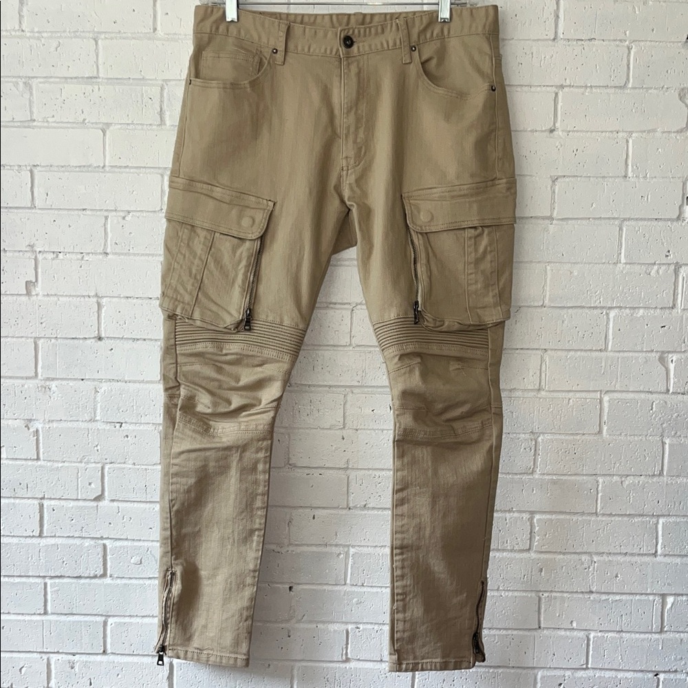 Smoke Rise Men's Slim Tapered Fit Bottom Zipper Cargo Pants 36x32 Khaki Edgy